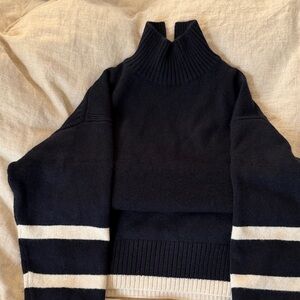 H&M Navy and White Women's Oversized Mock Neck Sweater